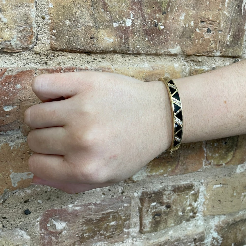 14K Gold Bangle with Diamonds and Black Onyx .39CTW