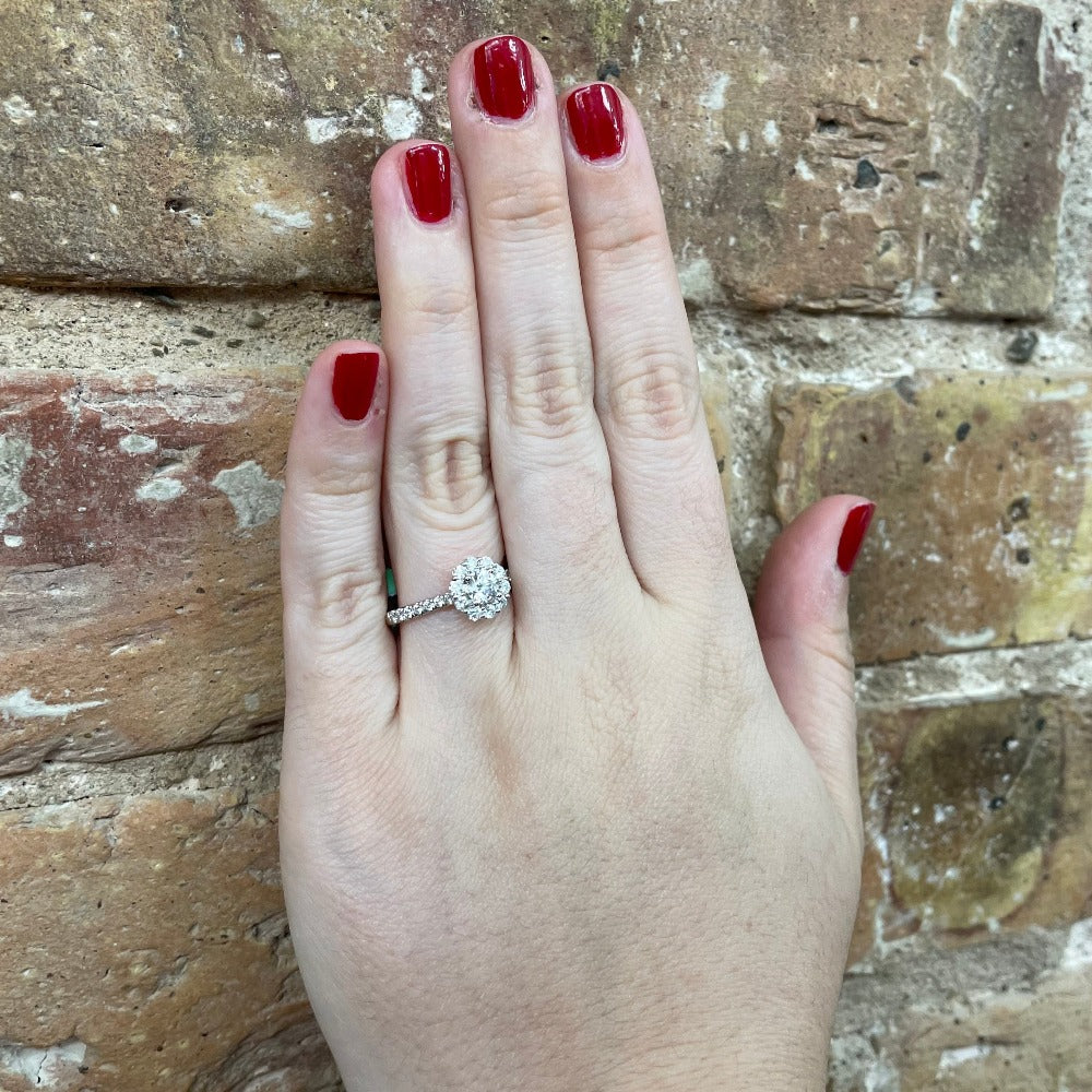 14KW Lab Grown Diamond Engagement Ring with Halo .90 CTW on model