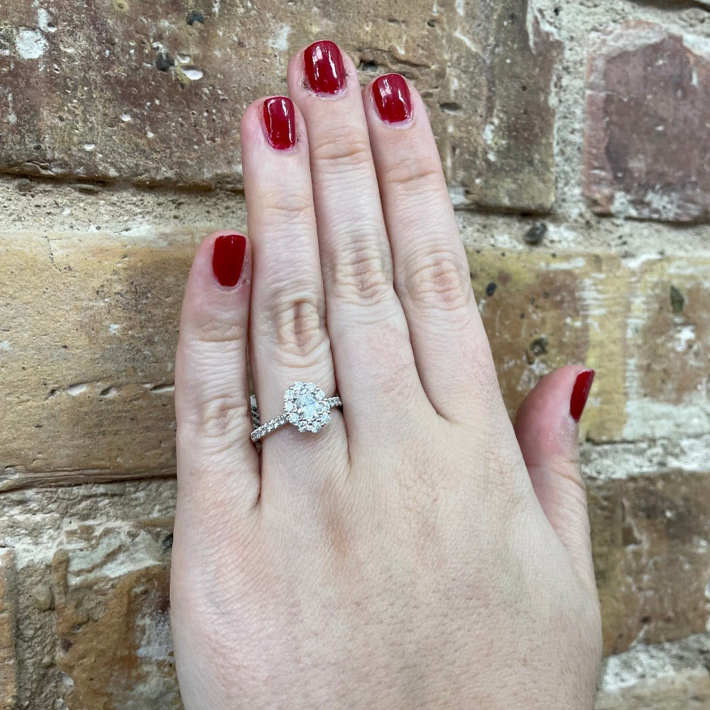 14KW Oval Lab Grown Diamond Engagement Ring with Halo 1.06 CTW on model