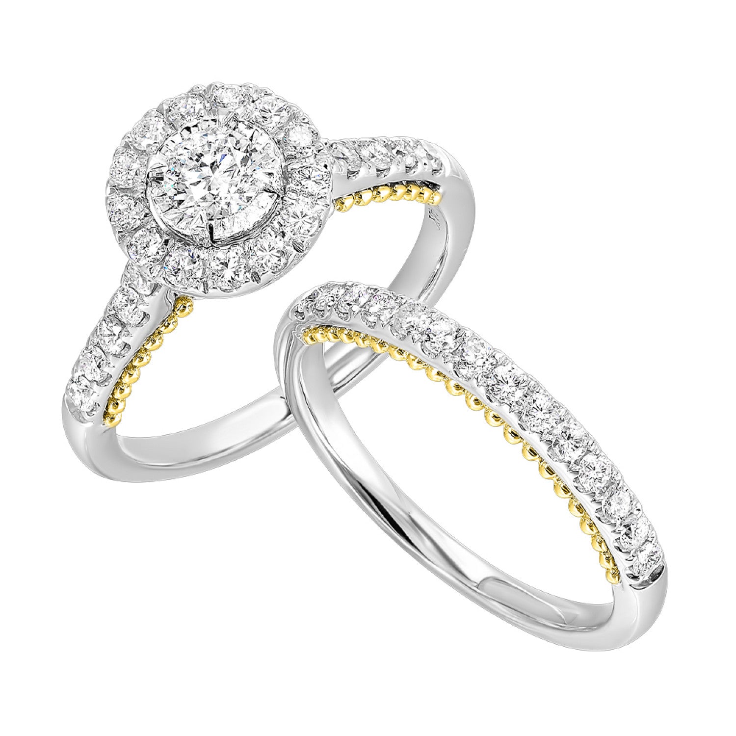 14KW Round Halo Style Diamond Engagement Ring and Matching Wedding Band