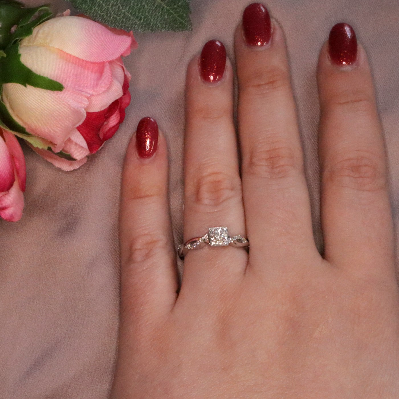 Princess Cut Halo Style Engagement Ring with Twisted Shank on model