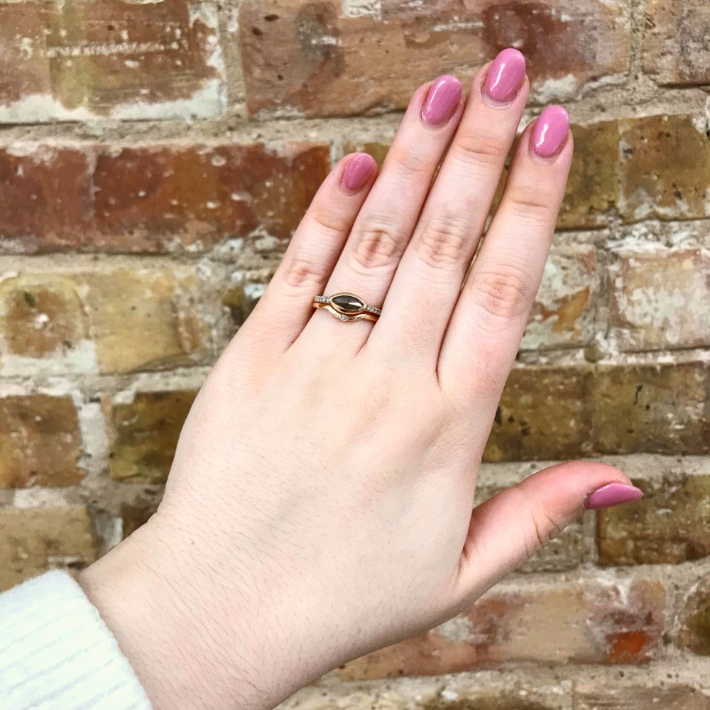 14KR Gold Salt & Pepper Diamond Engagement Ring with Marquise Center on model