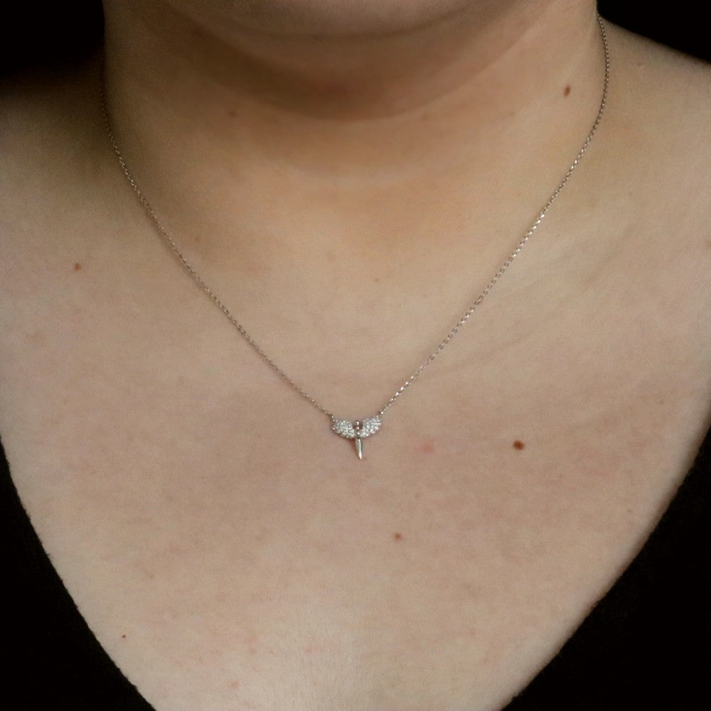 White Gold and Diamond Angel Pendant on Chain on model