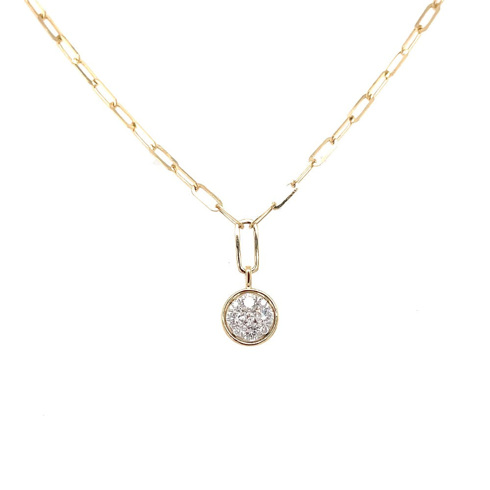 Yellow Gold and Diamond Cluster Pendant with Paperclip Chain Close UP