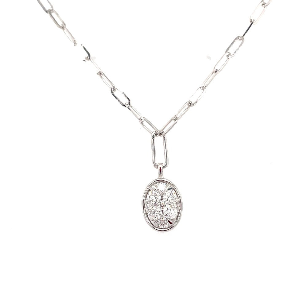 White Gold and Diamond Oval Cluster Pendant with Paperclip Chain view 2