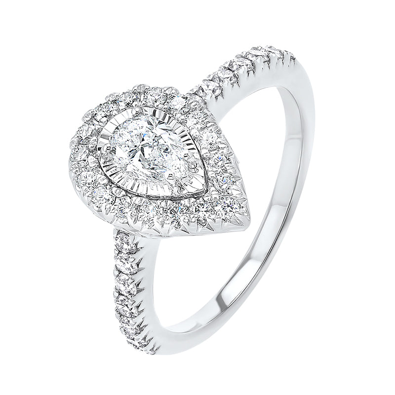 pear shape starburst halo diamond engagement ring in 14k white gold (1ctw)