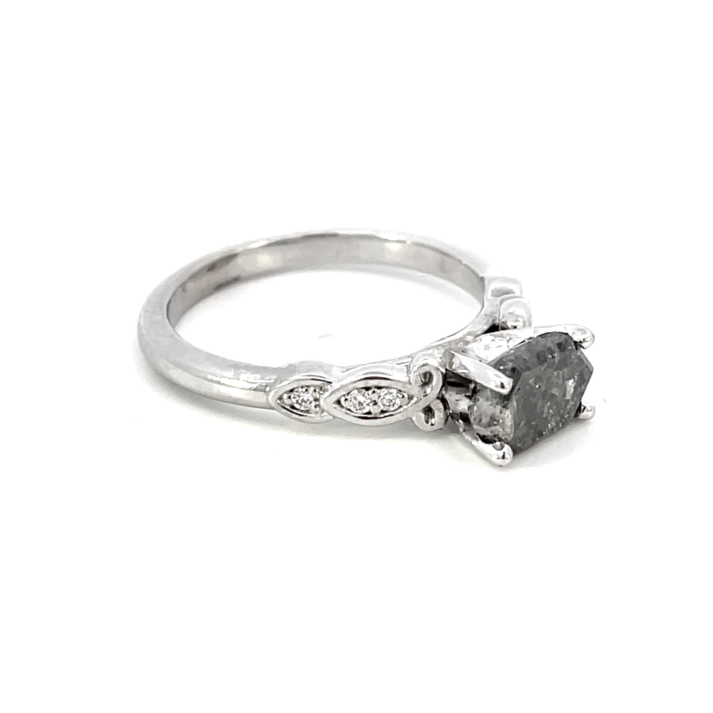 view of the other side of 14kw salt and pepper diamond engagement ring.