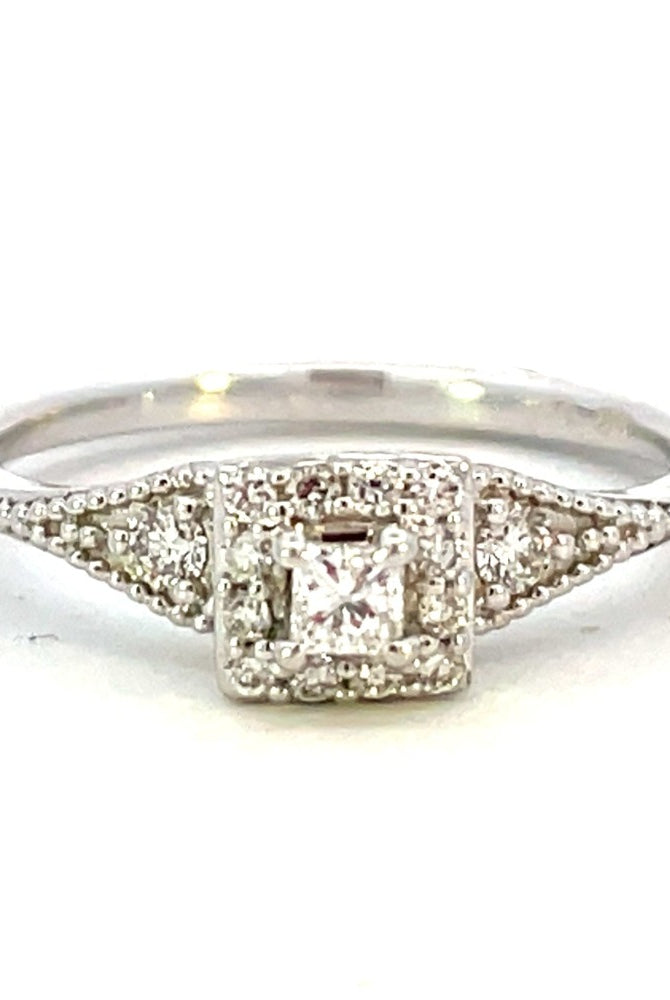 10KW White Gold Princess Diamond Engagement Ring with Square Halo 1/4 CTW