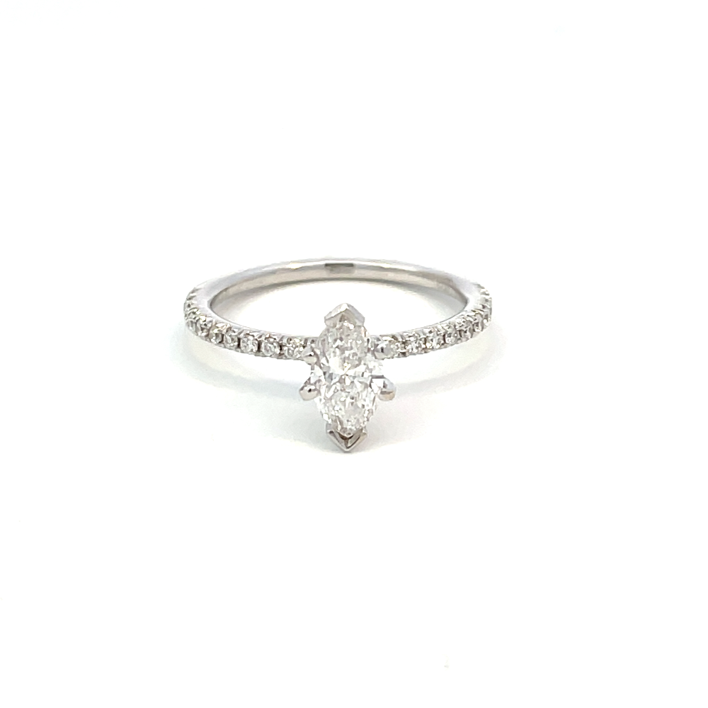 top view of 14kw marquise cut diamond accented solitaire engagement ring