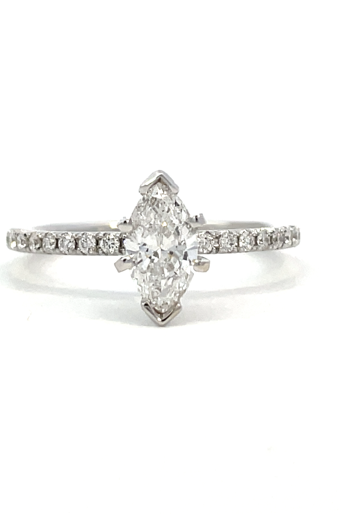 front view of 14kw marquise cut accented solitaire engagement ring