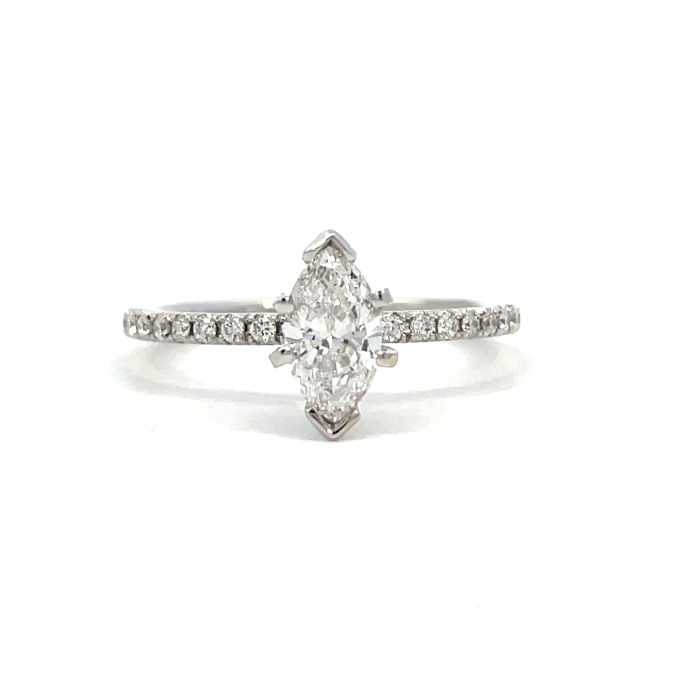 front view of 14kw marquise cut accented solitaire engagement ring