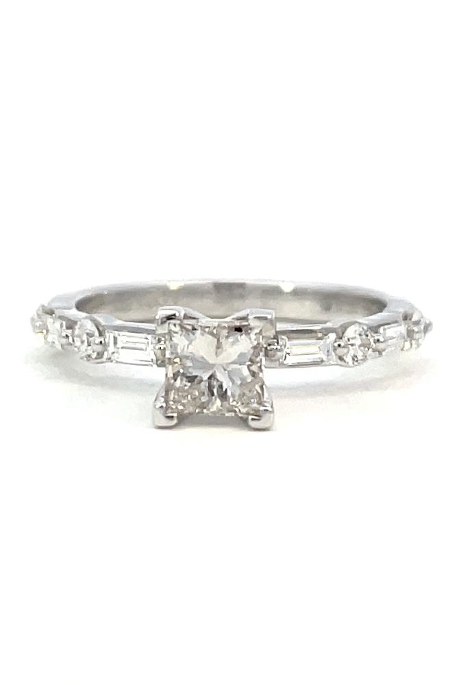 front view of 14kw princess cut diamond engagement ring with baguette and round accents on shank