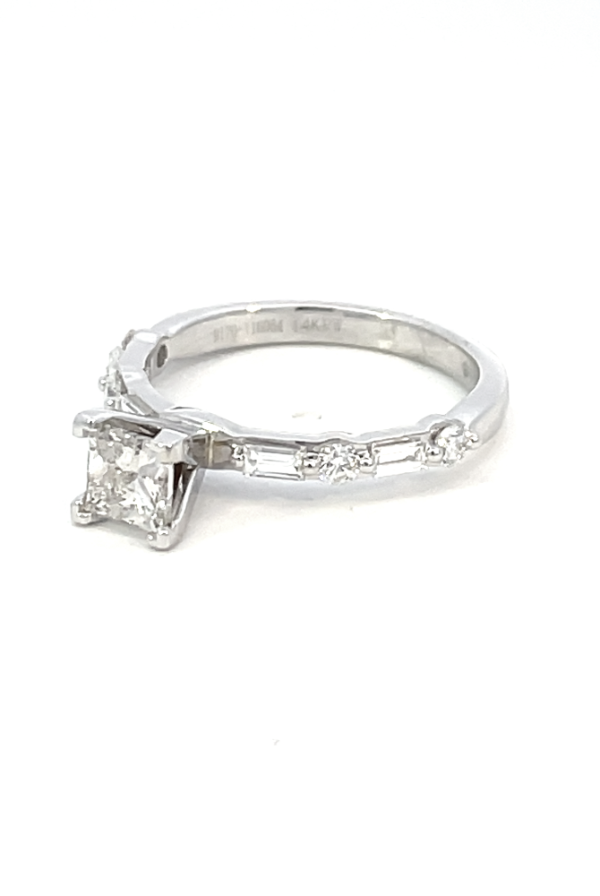 side view of 14kw princess cut diamond engagement ring. picture shows 14k stamp on inside of band.