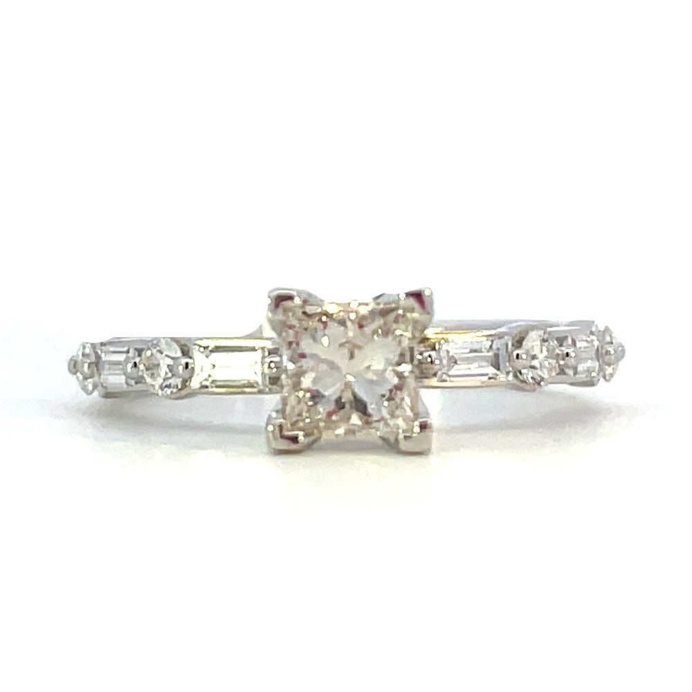 14KW Diamond Engagement Ring with Baguette and Round Accents .83 CTW