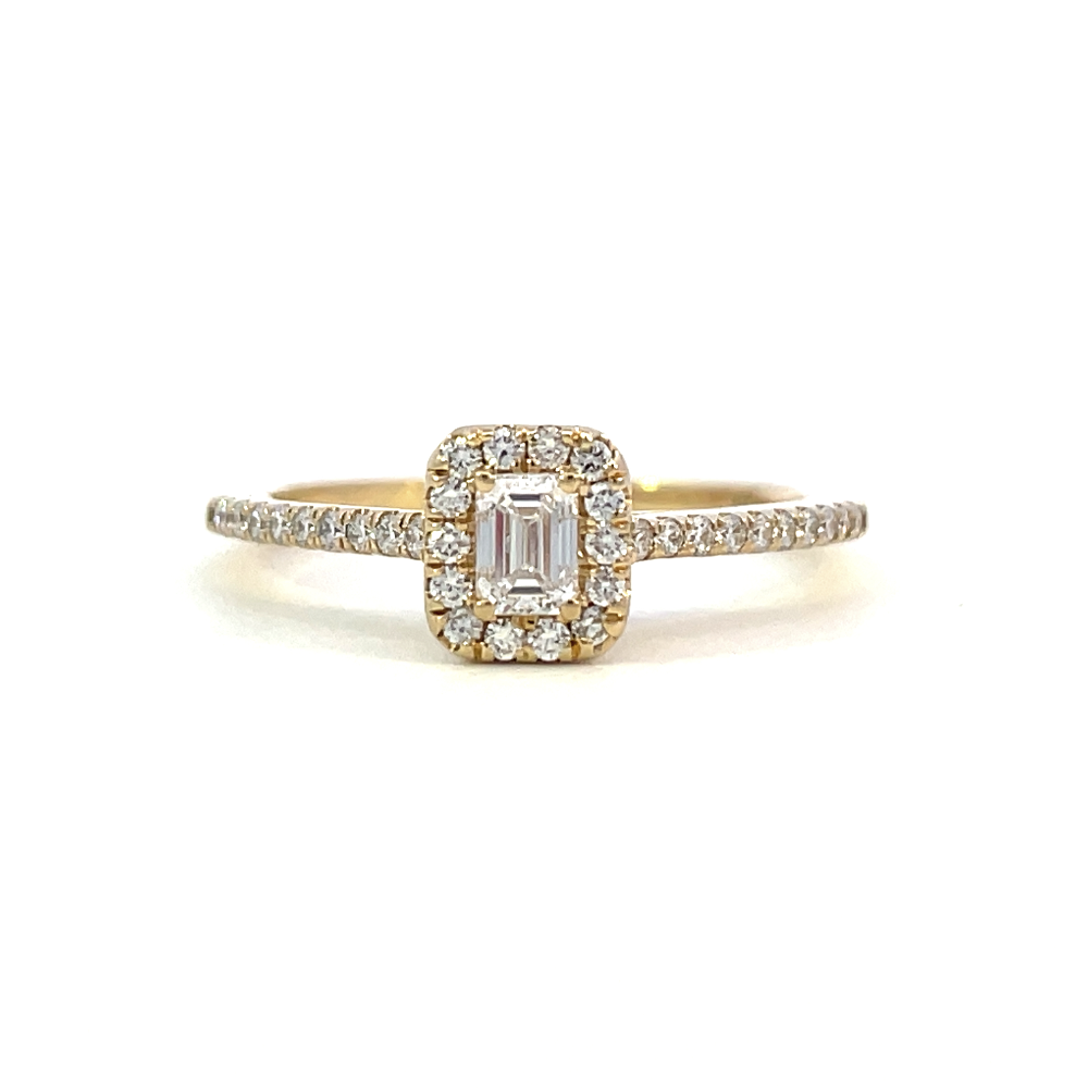 front view of 14ky emerald cut halo-style engagement ring.