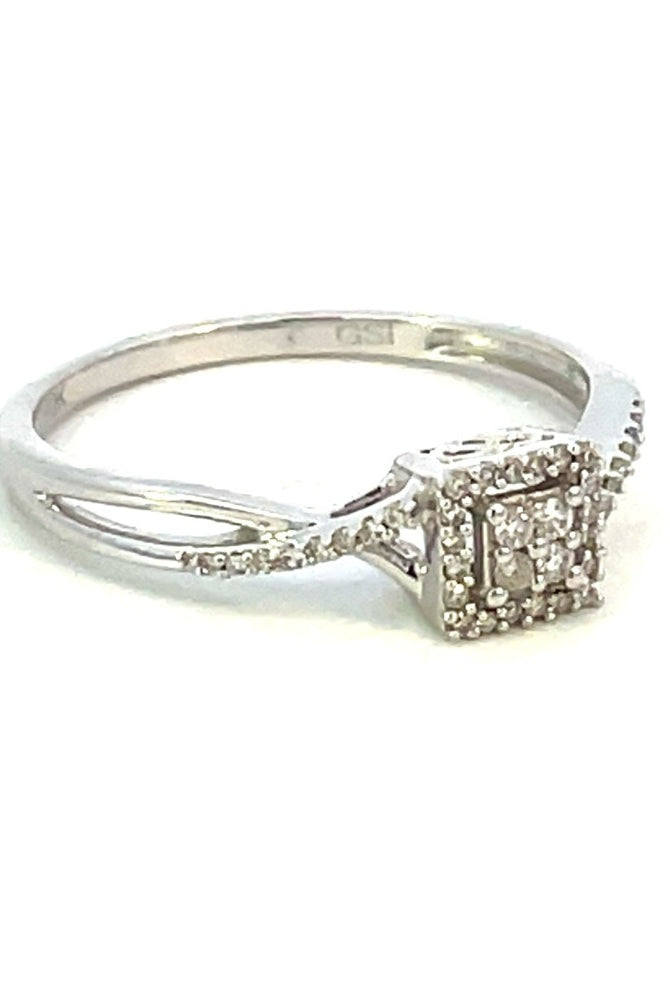 Princess-Shaped Round Diamond Cluster Engagement Ring with Halo and Twist Shank side 1