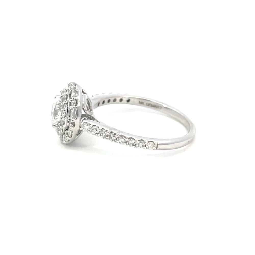 side profile view of 14kw oval double halo engagement ring.