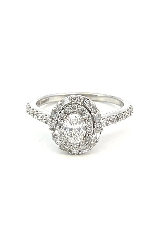top view of 14kw oval double halo engagement ring.