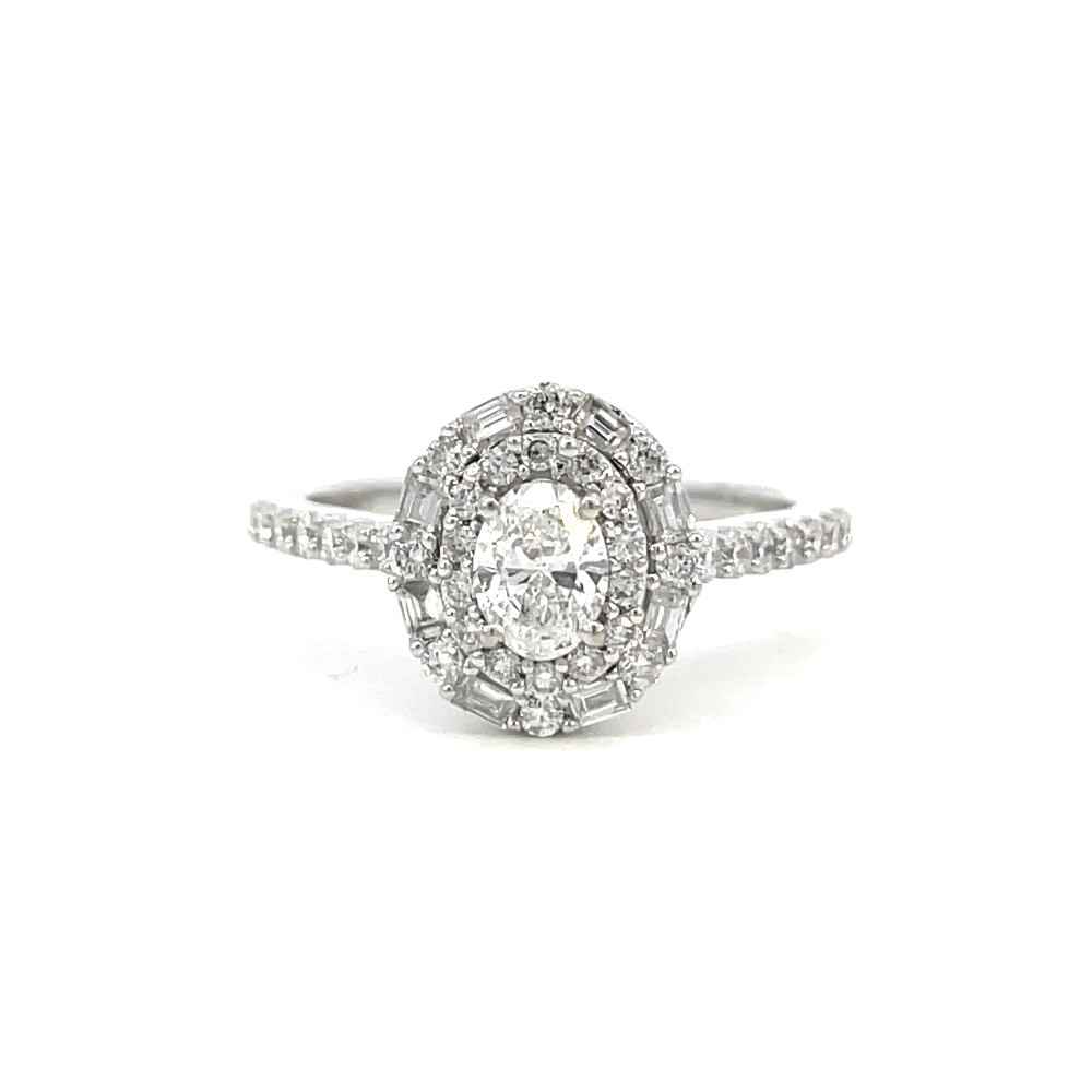 front view of 14kw oval double halo engagement ring.