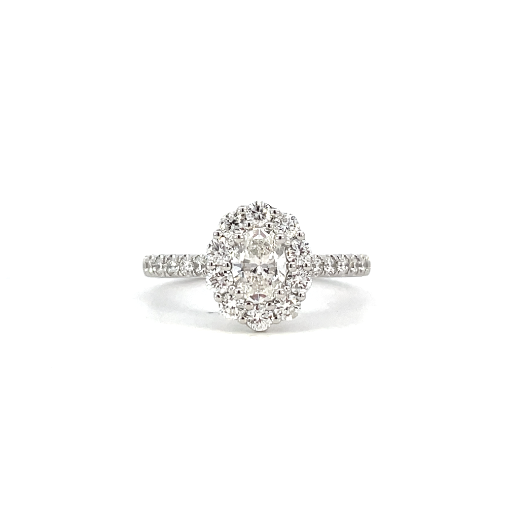 front view of oval lab grown diamond halo style engagement ring.