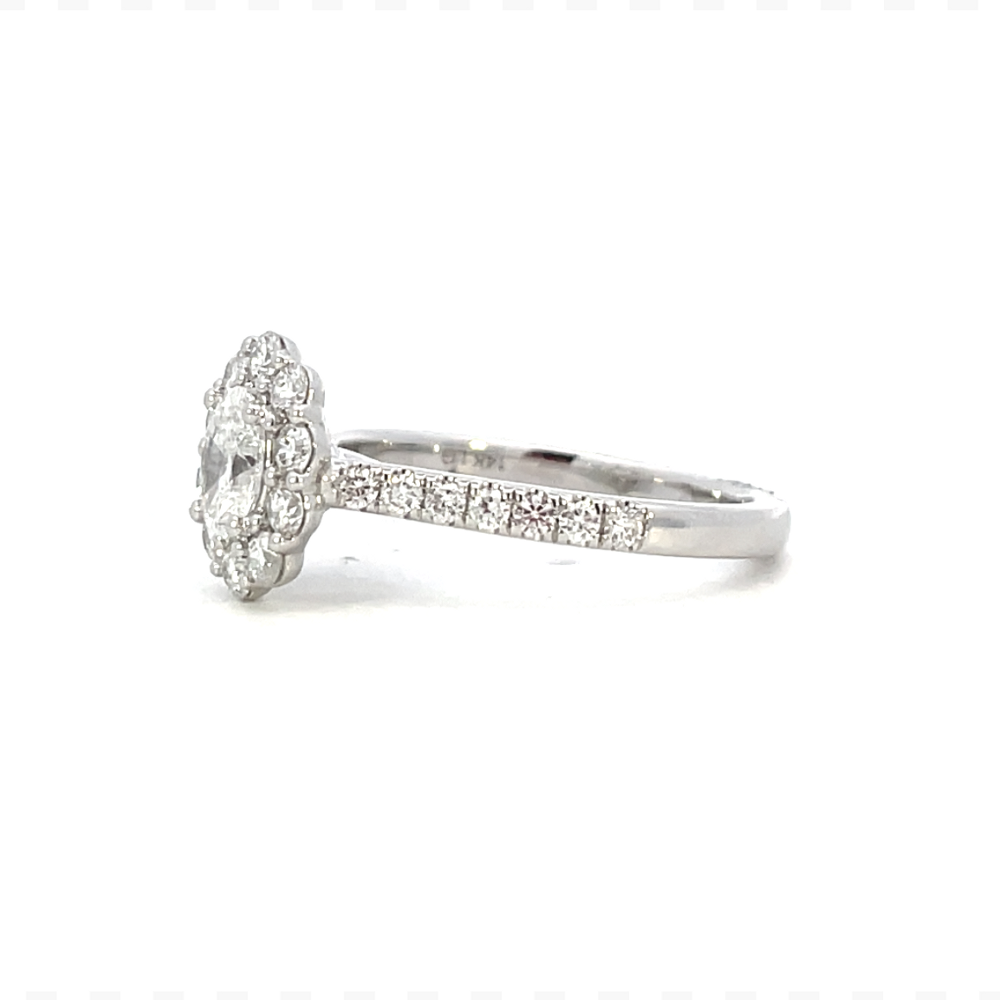 side profile view of oval lab grown diamond halo style engagement ring.