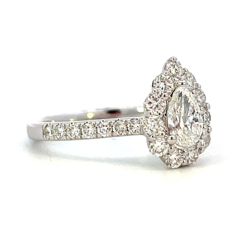 14KW Pear Shaped Lab Grown Diamond Ring with Halo 1.03 CTW side 1