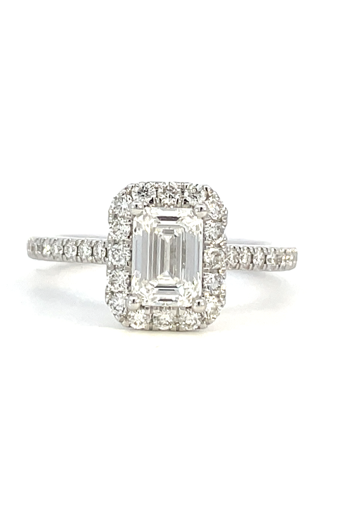 front view of emerald cut lab grown diamond halo style engagement ring.