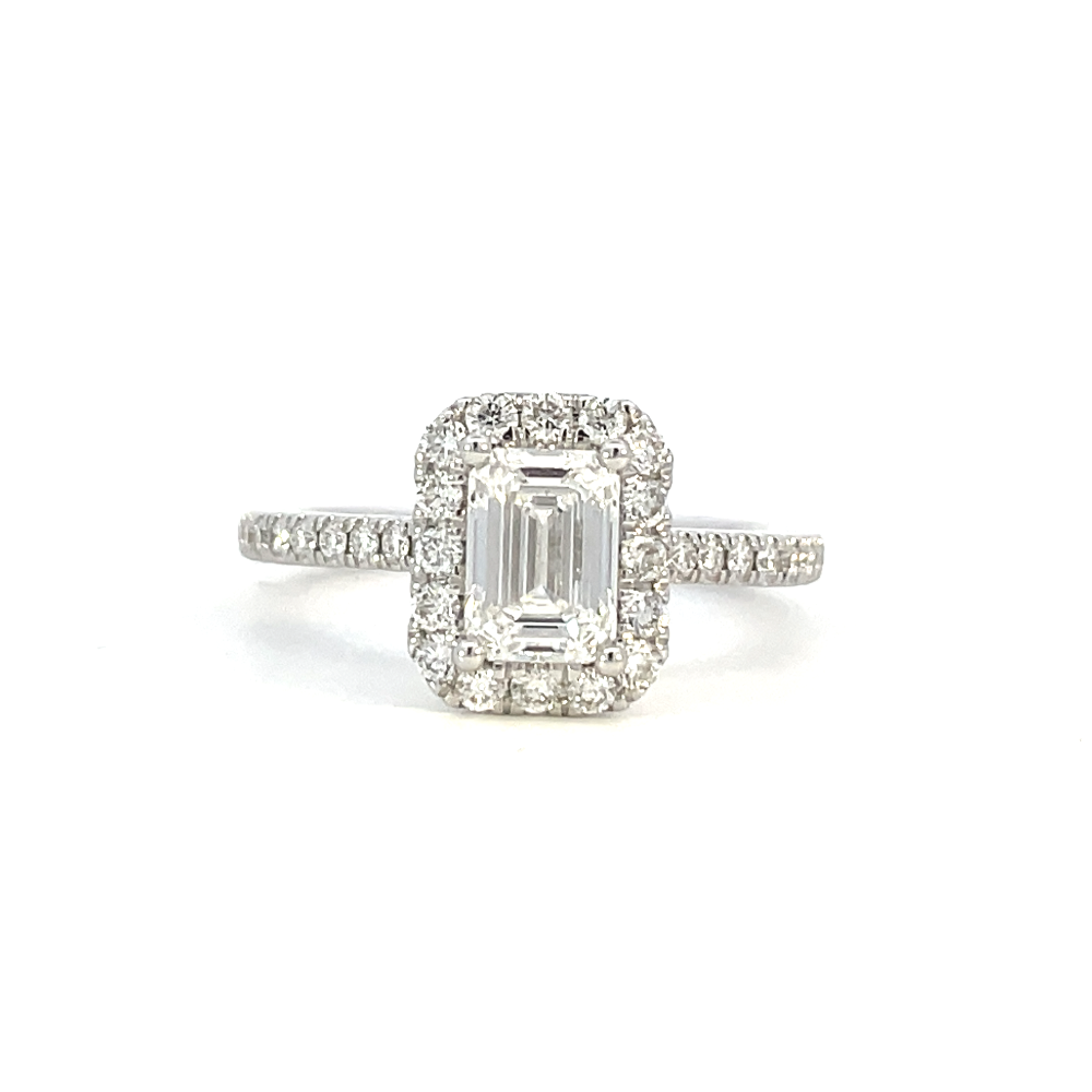 front view of emerald cut lab grown diamond halo style engagement ring.