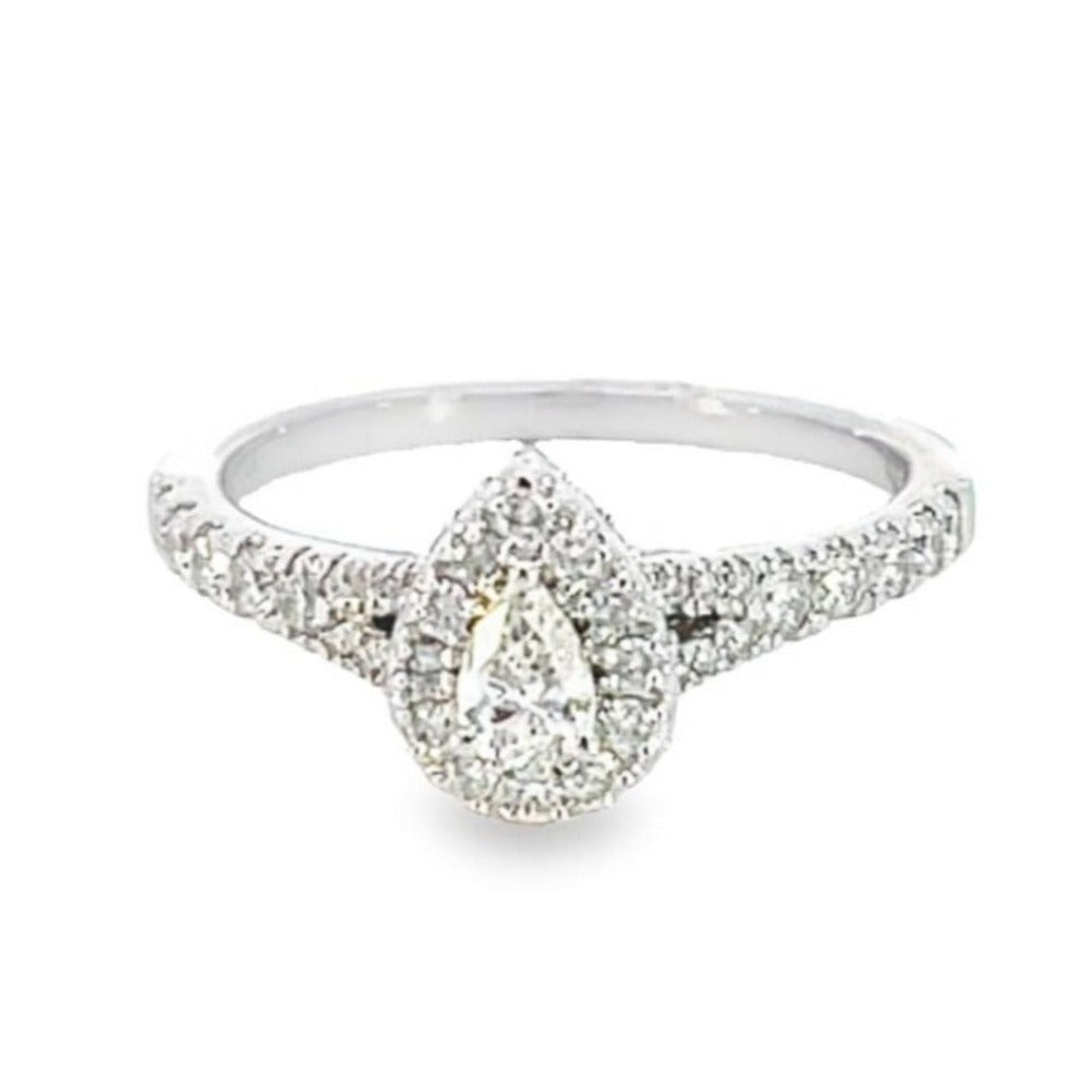 14KW Pear Shaped Diamond Engagement Ring with Halo and Split Shank 5/8 CTW