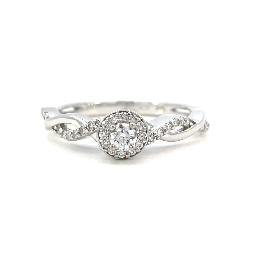 front view of 10kw round halo style engagement ring with twisted shank