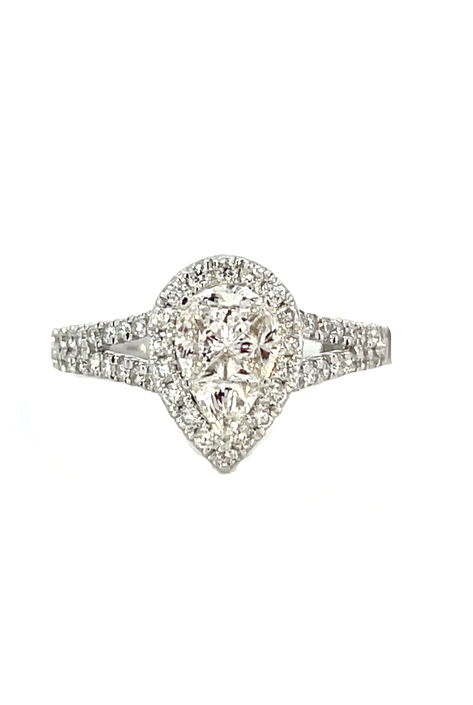 front view of 14kw pear shaped halo style engagement ring with split shankl