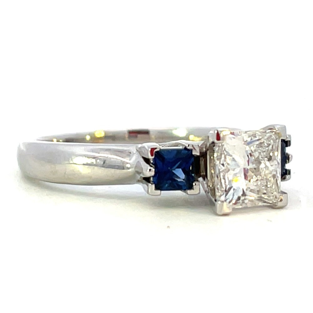 14KW Three Stone Princess Cut Lab Grown Diamond and Sapphire Ring 1.27 CT side 1