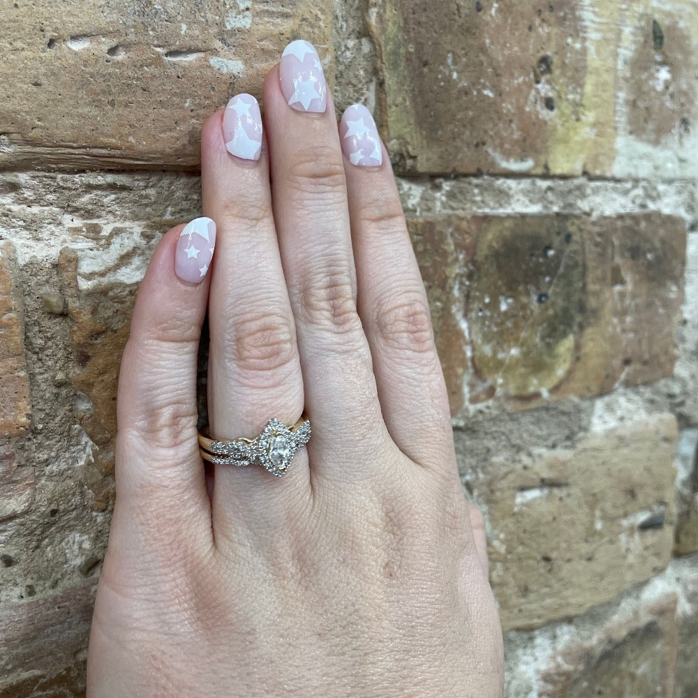 Engagement Ring and Matching Band on Model's hand