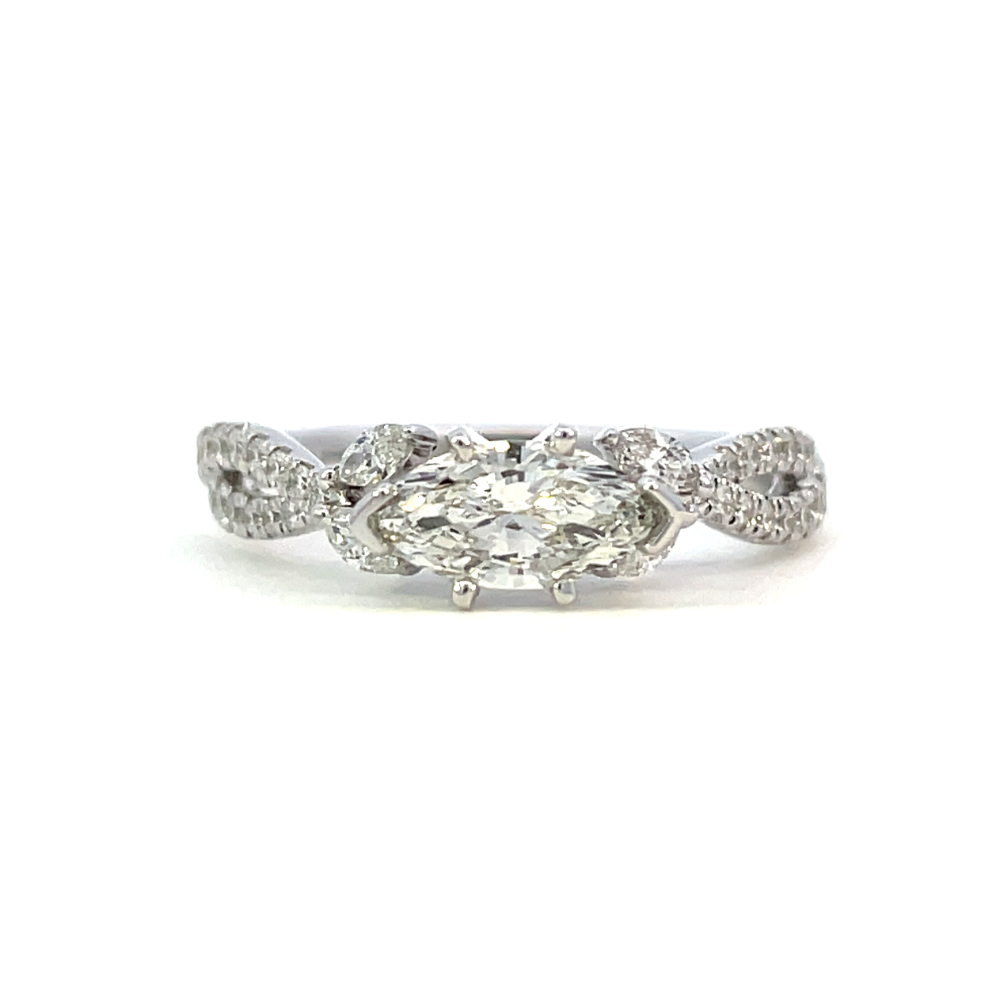 front view of 14kw sallyK marquise center engagement ring.