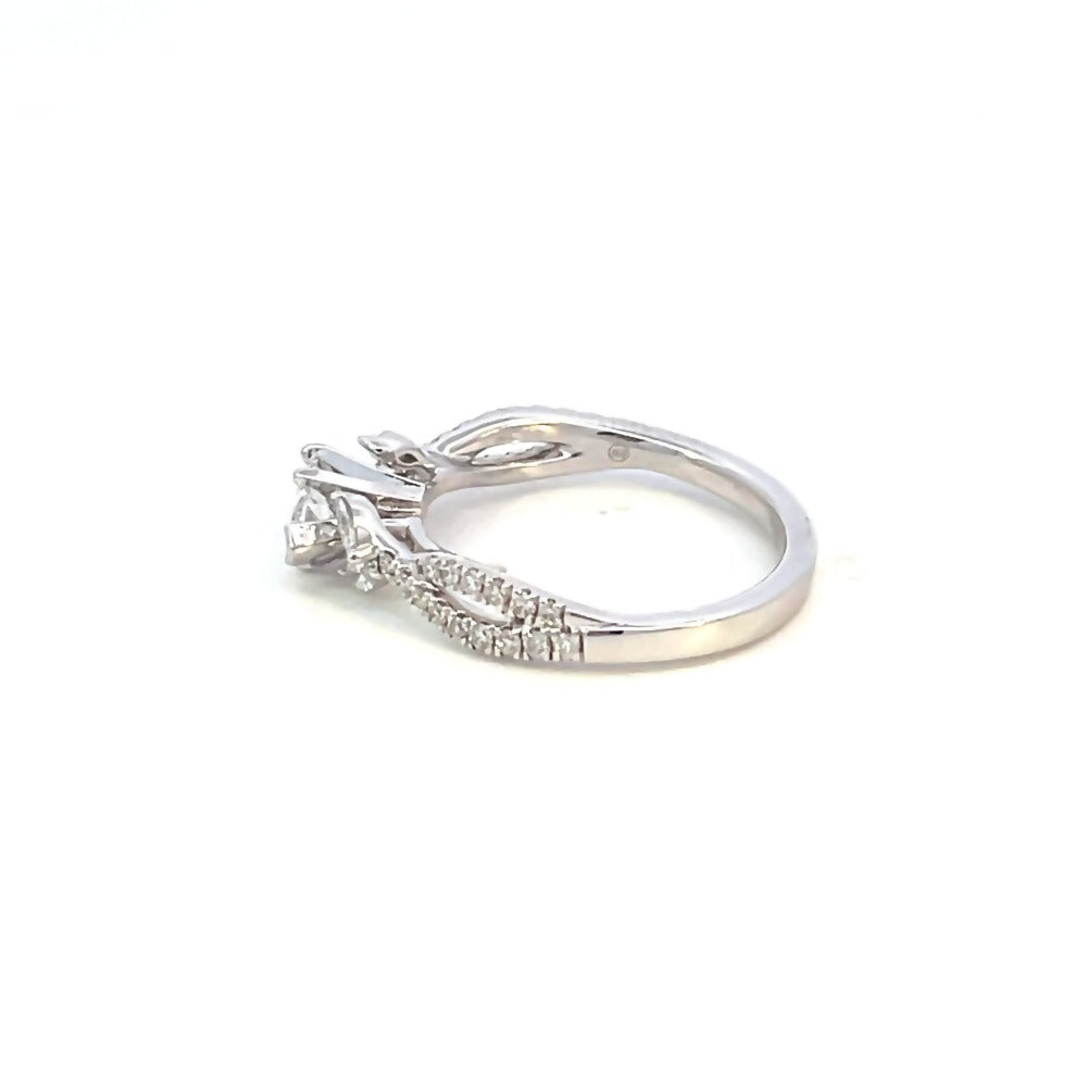 side view of 14kw SallyK diamond engagement ring with marquise center and twist shank