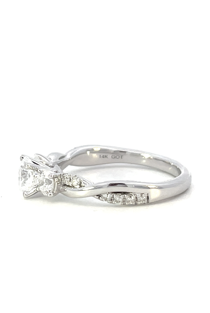 profile view of semi-set SallyK diamond engagement ring. picture shows 14K stamp on inside of band.