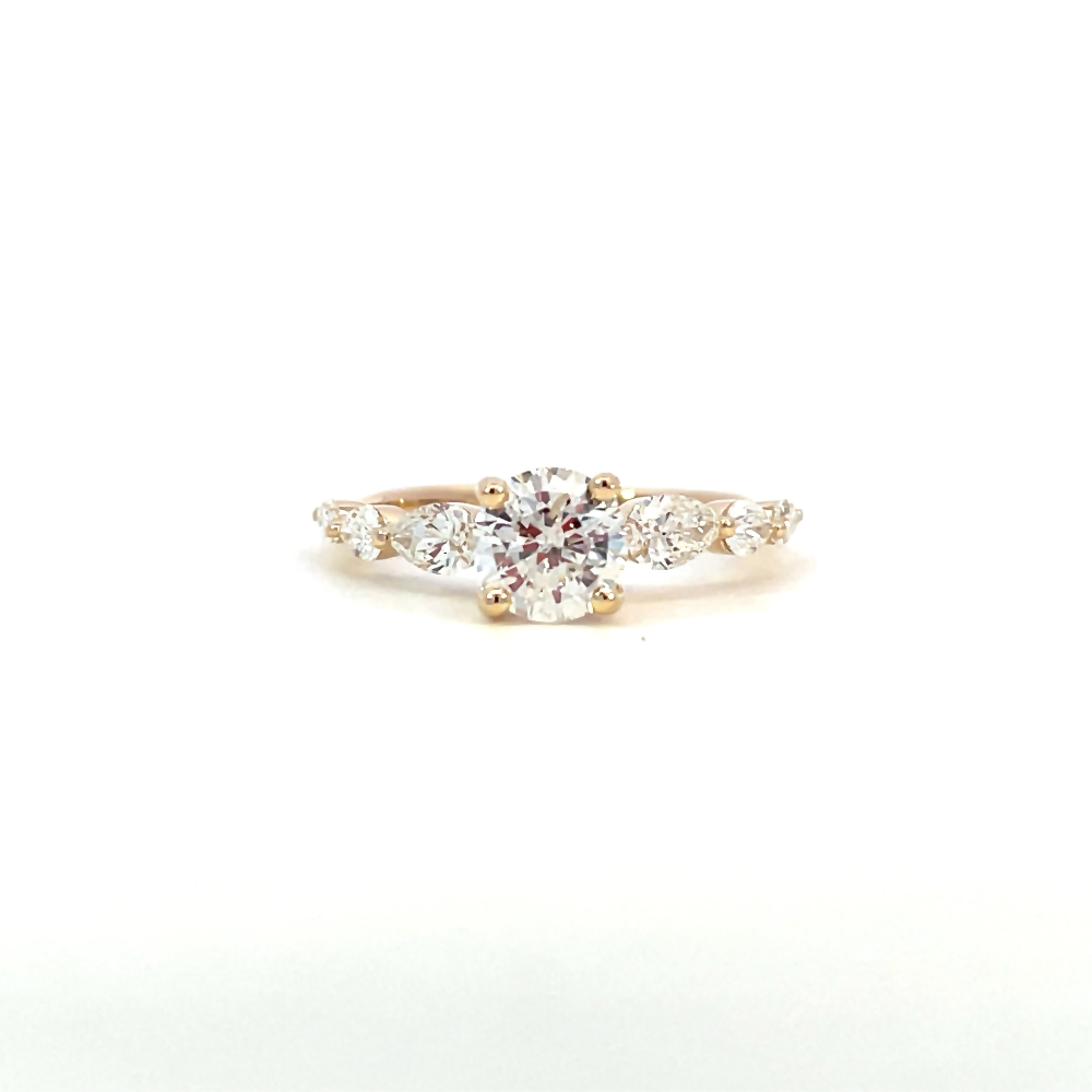 front view of 14ky SallyK diamond engagement ring with round center and pear accents