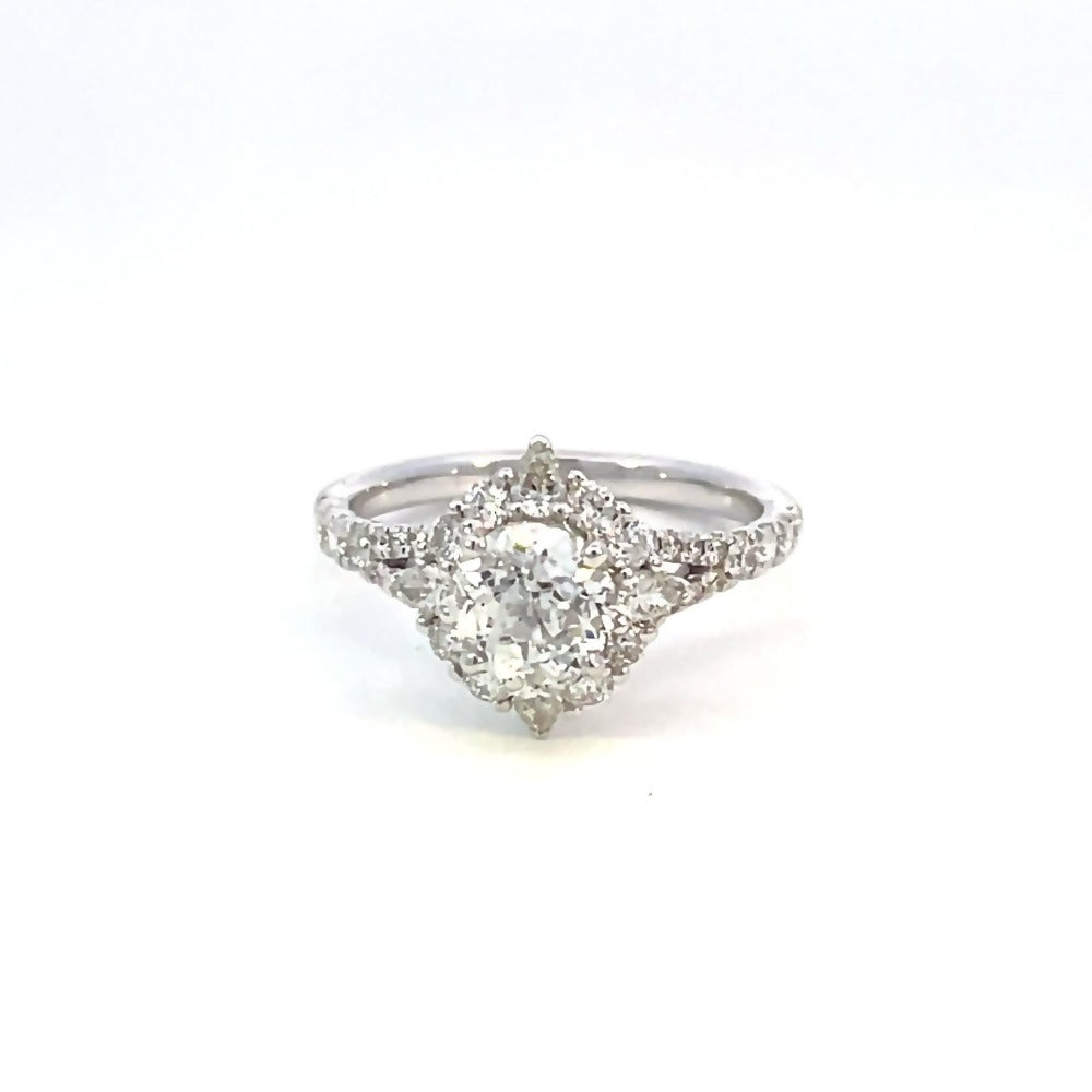 top view of 14kw SallyK diamond engagement ring with round center and split shank