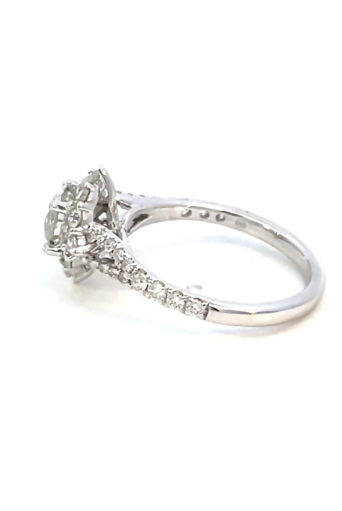 side view of 14kw SallyK diamond engagement ring with round center and split shank.