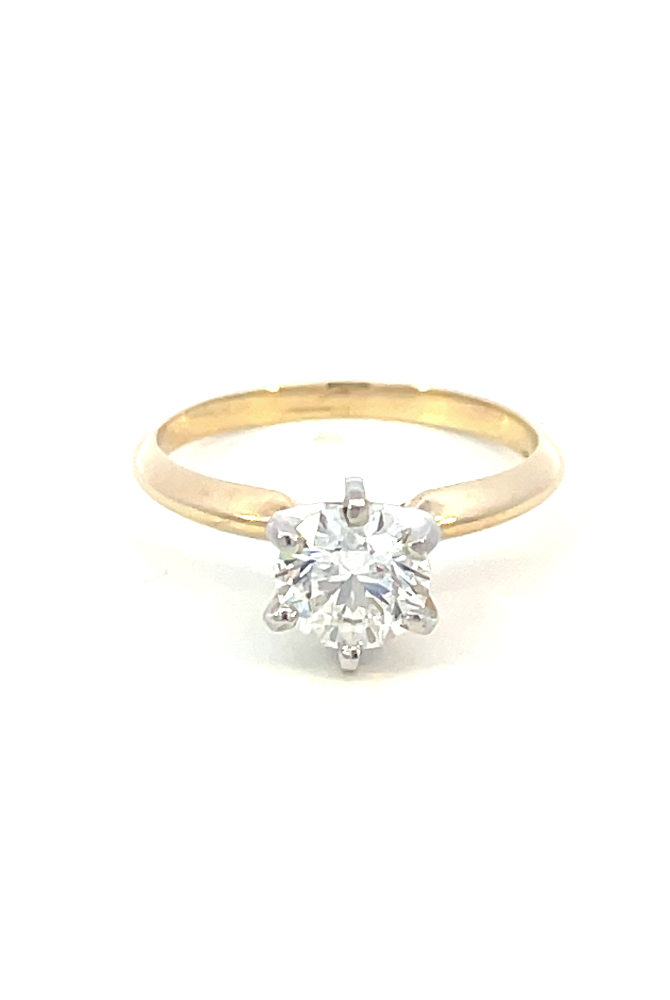 top view of 14ky 1.01ct round diamond solitaire engagement ring.