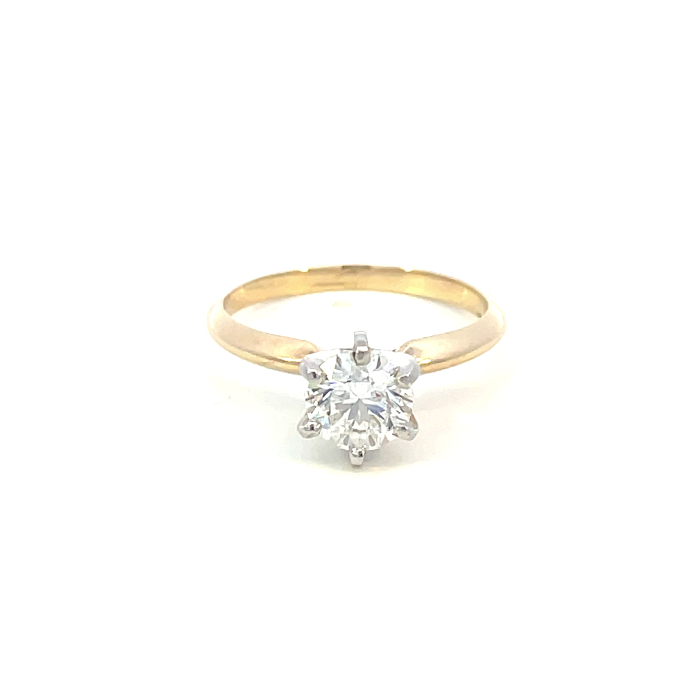 top view of 14ky 1.01ct round diamond solitaire engagement ring.