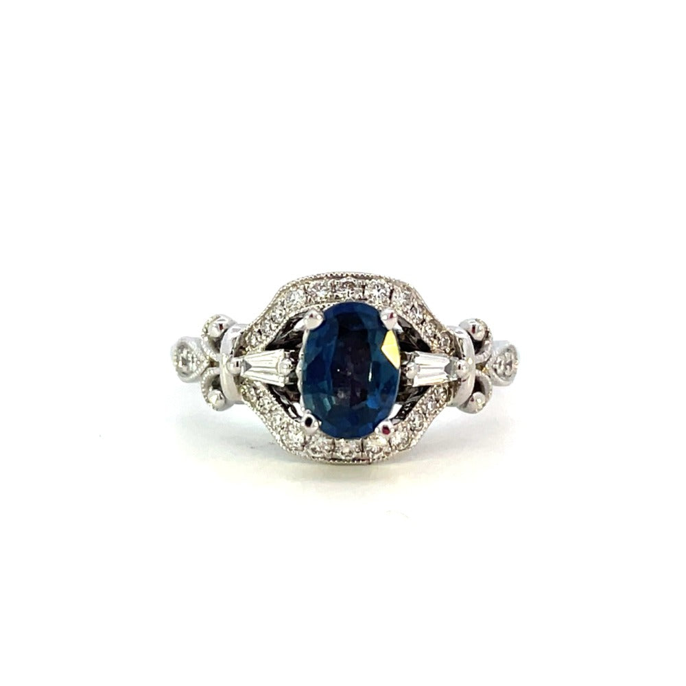 front view of vintage inspired sapphire and diamond engagement ring.