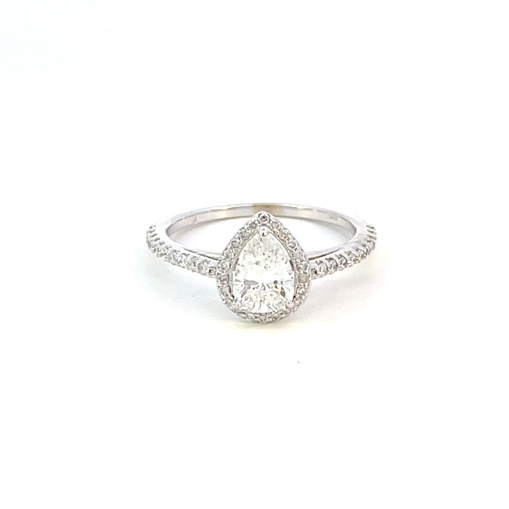 top view of 14kw engagement ring with pear cut center