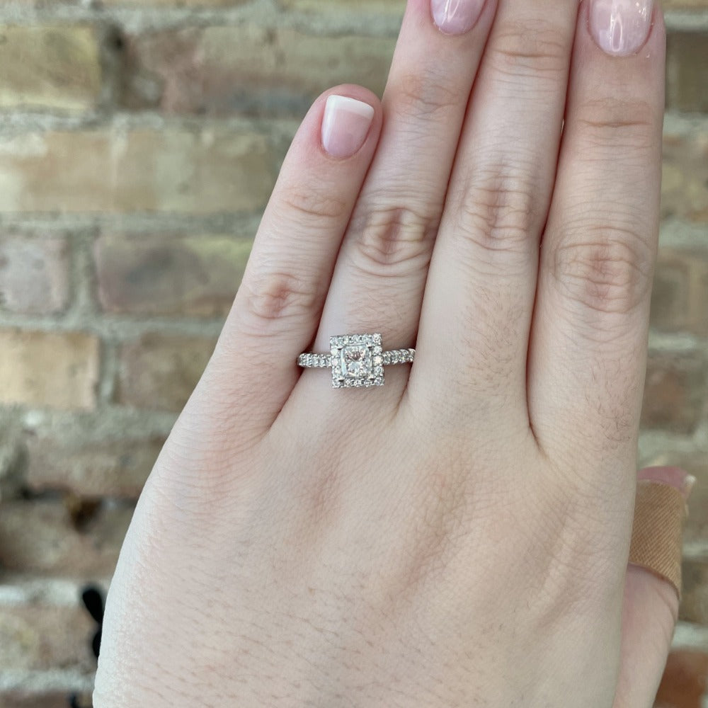 14kw princess cut halo style engagement ring on model