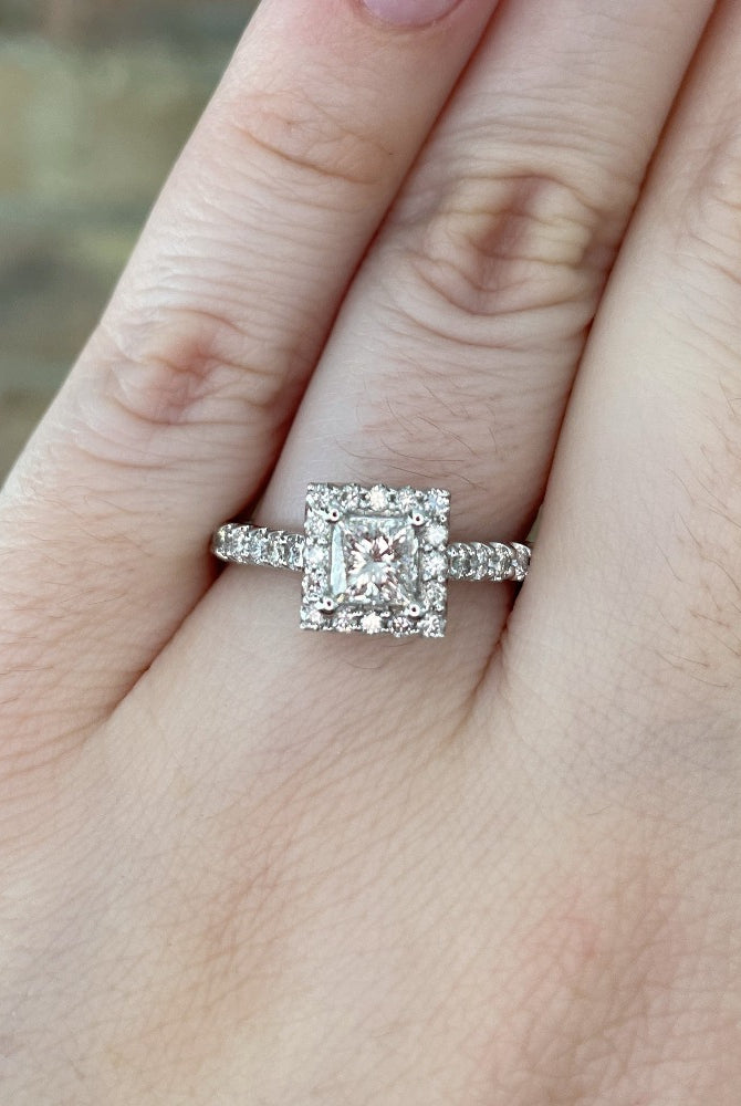 closer view of 14kw halo style princess cut engagement ring