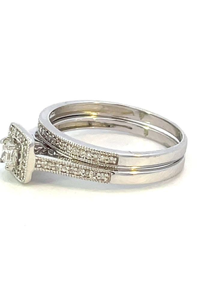Princess Cut Halo Style Engagement Ring with Matching Wedding Band with the side