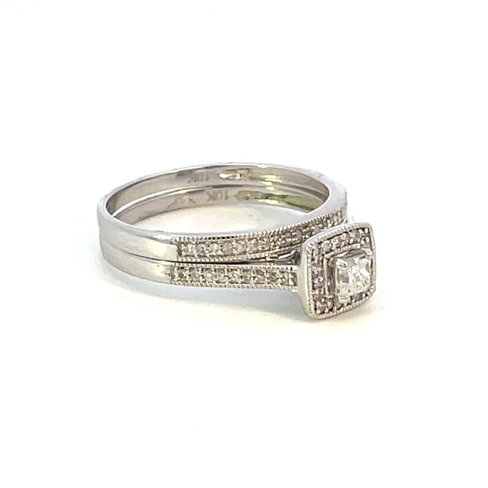 Princess Cut Halo Style Engagement Ring with Matching Wedding Band