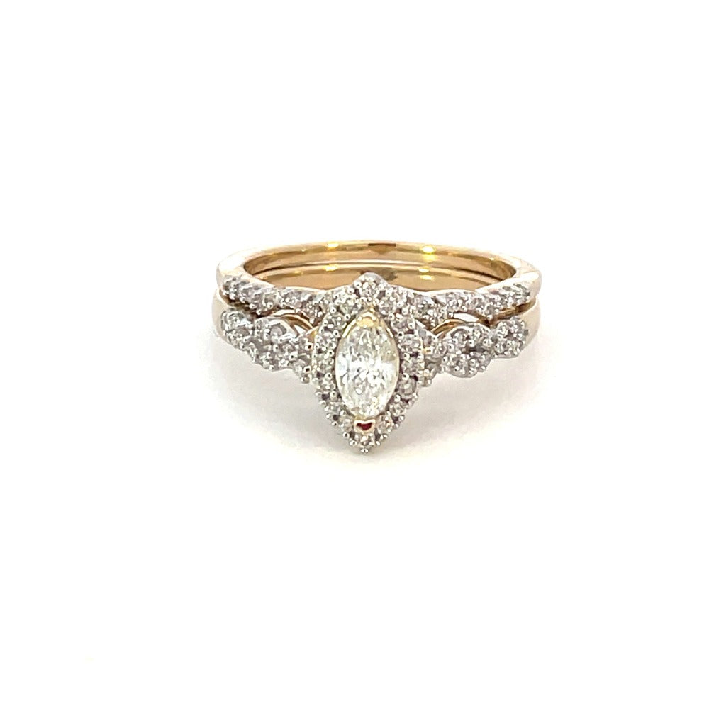 14K Yellow Gold Curved Diamond Wedding Band with engagement ring