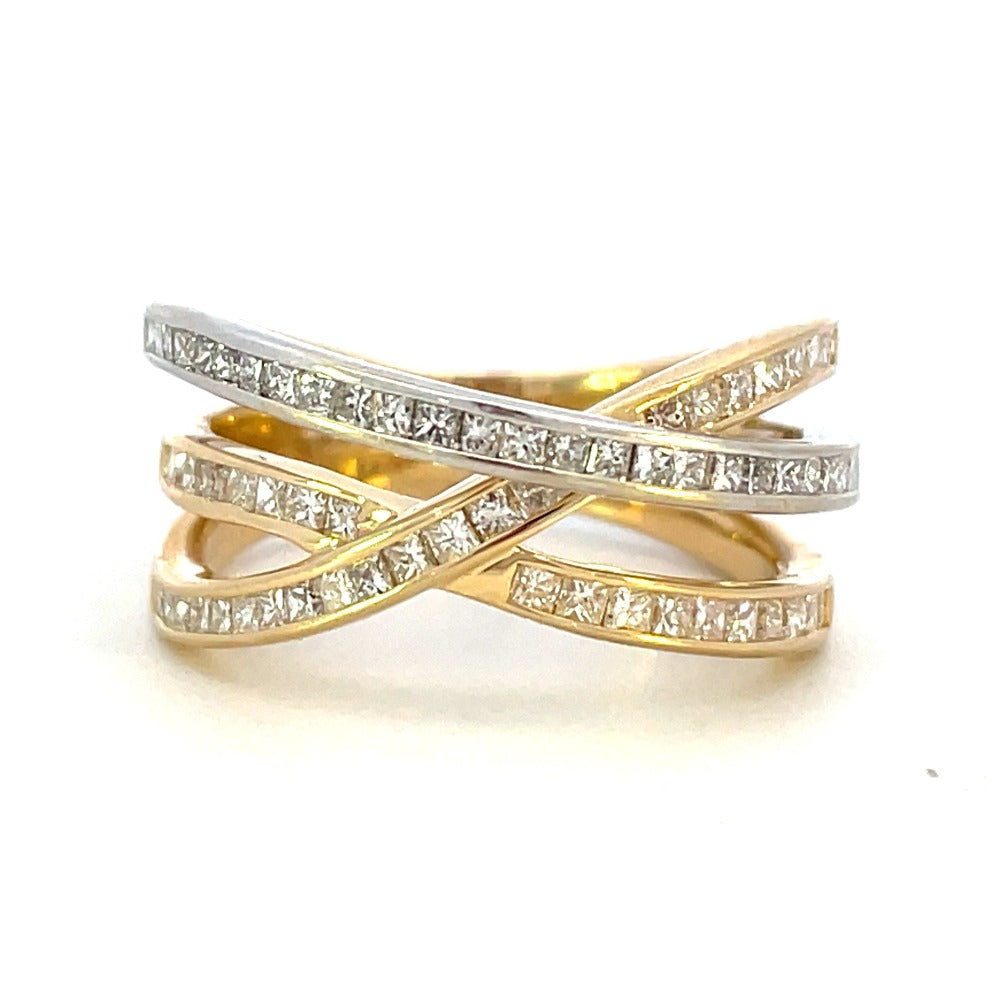 14K Two-Toned Cross Over Ring with Princess Cut Diamonds .38 CTW