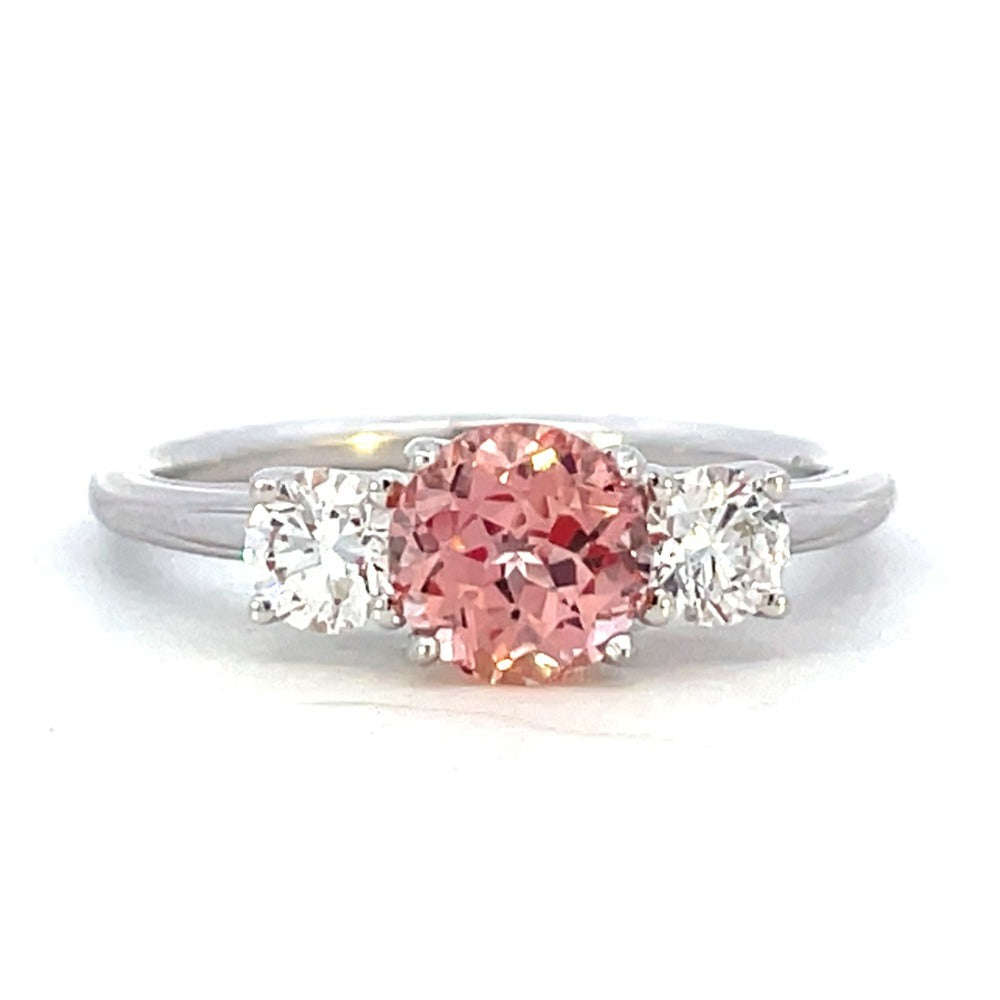 14KW Three Stone Lab Grown Pink Sapphire and Lab Grown Diamond Ring 1.55 CTW